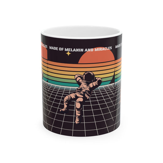 Retro Space-Themed Ceramic Mug, Astronaut Mug, Gift for Space Lovers, Coffee Mug, Melanin and Miracles Design