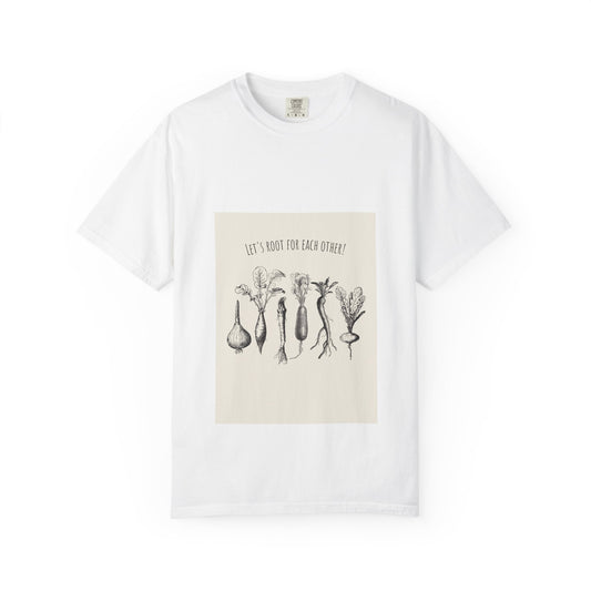 Whimsical Veggie T-Shirt - Let's Root for Each Other, Gardening Gift, Plant Lover Tee, Eco-Friendly Apparel, Casual Summer Style "Rooting for Each Other — From the Ground Up!" 🌱🥕🍅